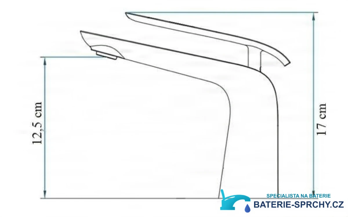 Technický nákres umyvadlové baterie woo-6963 s celkovou výškou 17 cm a výškou výtoku 12,5 cm