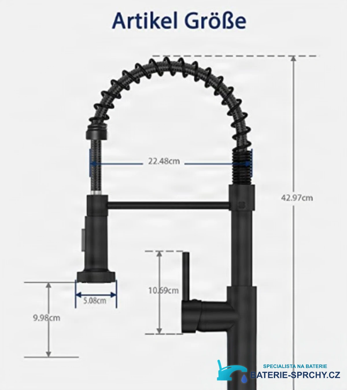 Technický výkres nízkotlaké kuchyňské baterie NT1437 s výškou 42,97 cm
