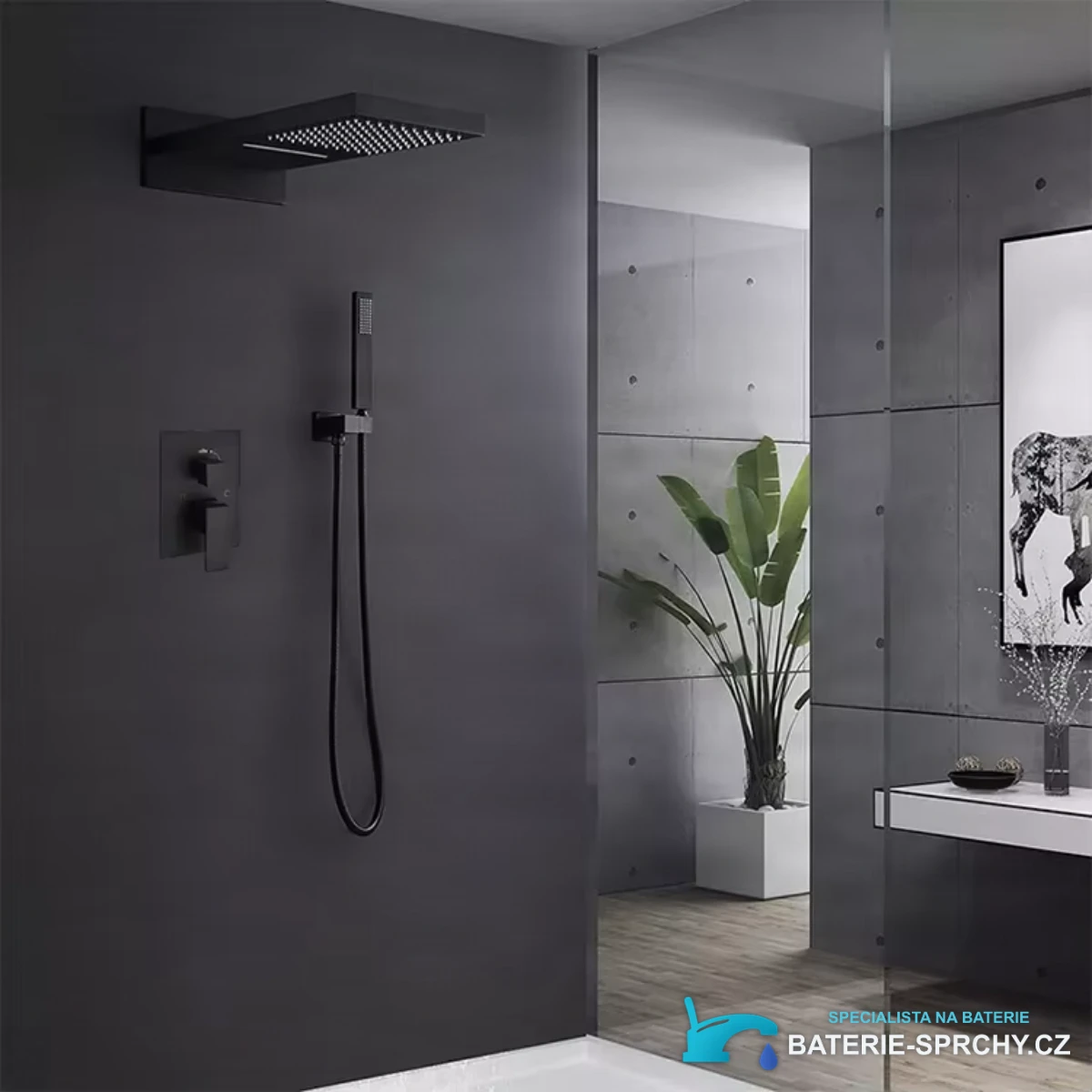Luxusní mosazný černý sprchový systém ELITE EDITION BSC1682 s vodopádem a dešťovou sprchou v moderní koupelně