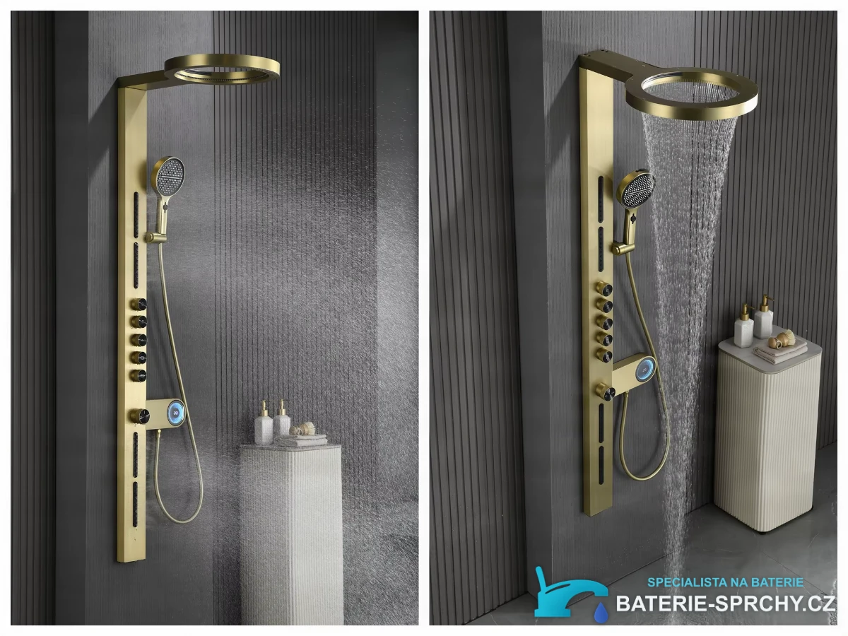 Bathroom Brass Digital ELITE EDITION BSW1726 v provozu: šedá koupelna se zlatým panelem