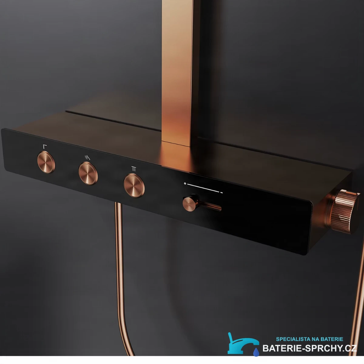 Detail poličky a posuvníku sprchy ELITE EDITION BSW1727 v černé a růžovém zlatě