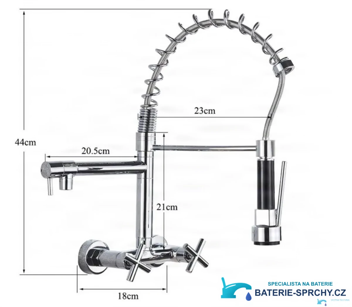 Technický výkres nástěnné baterie WK1002 se dvěma výtoky, výška 44 cm