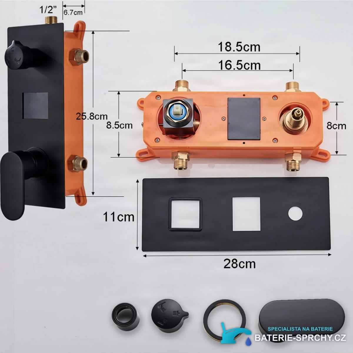 Technický výkres EYN PT1036 s ovládacím panelem 28 × 11 cm a závitem G1/2