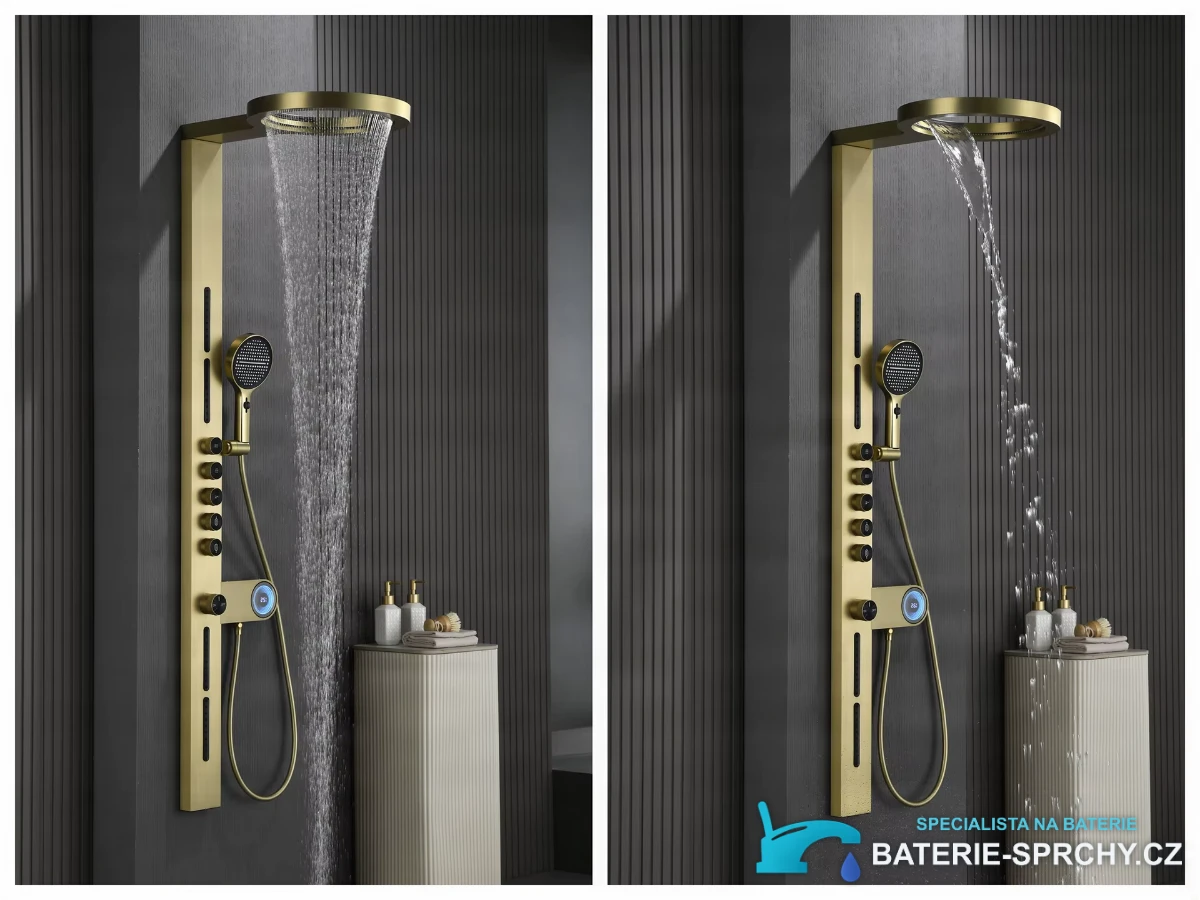 Bathroom Brass Digital ELITE EDITION BSW1726 v provozu: zlaté provedení s proudem vody