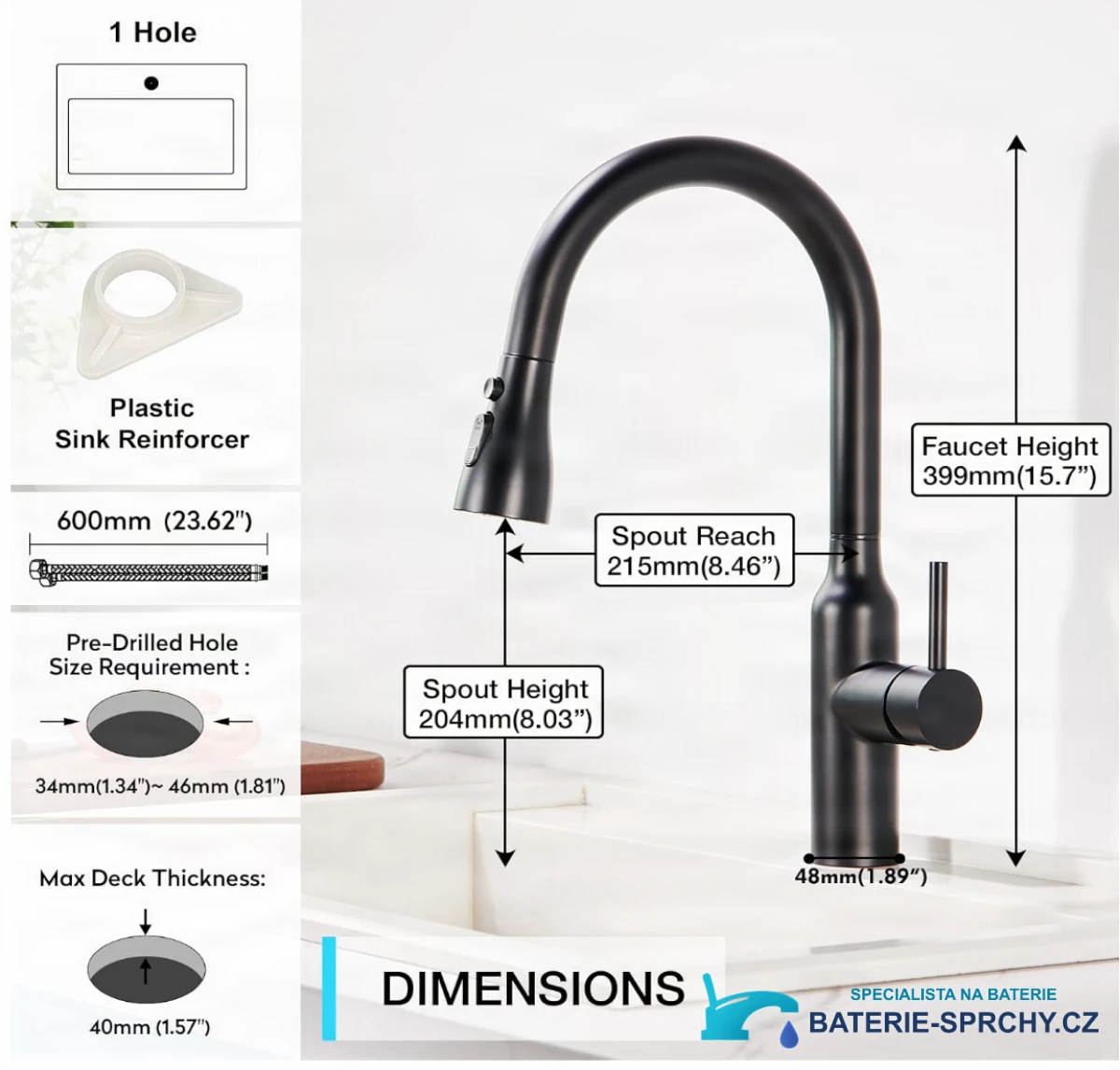 Technický výkres baterie BKS1299: výška 399 mm, dosah 215 mm a výška ramínka 204 mm