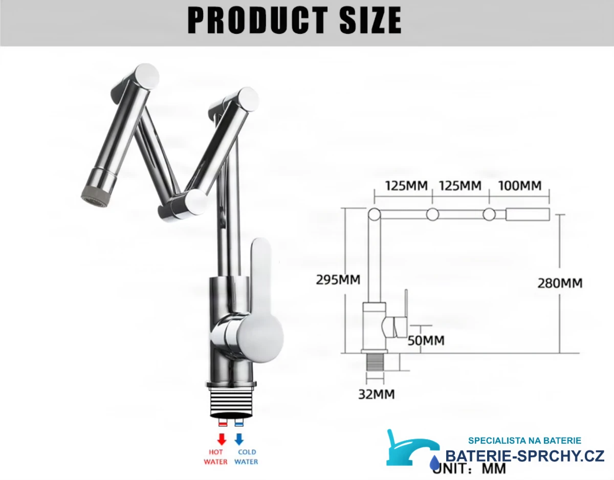 Technický výkres koupelnové baterie KS1409 (295 mm, ramena: 125+125+100 mm)