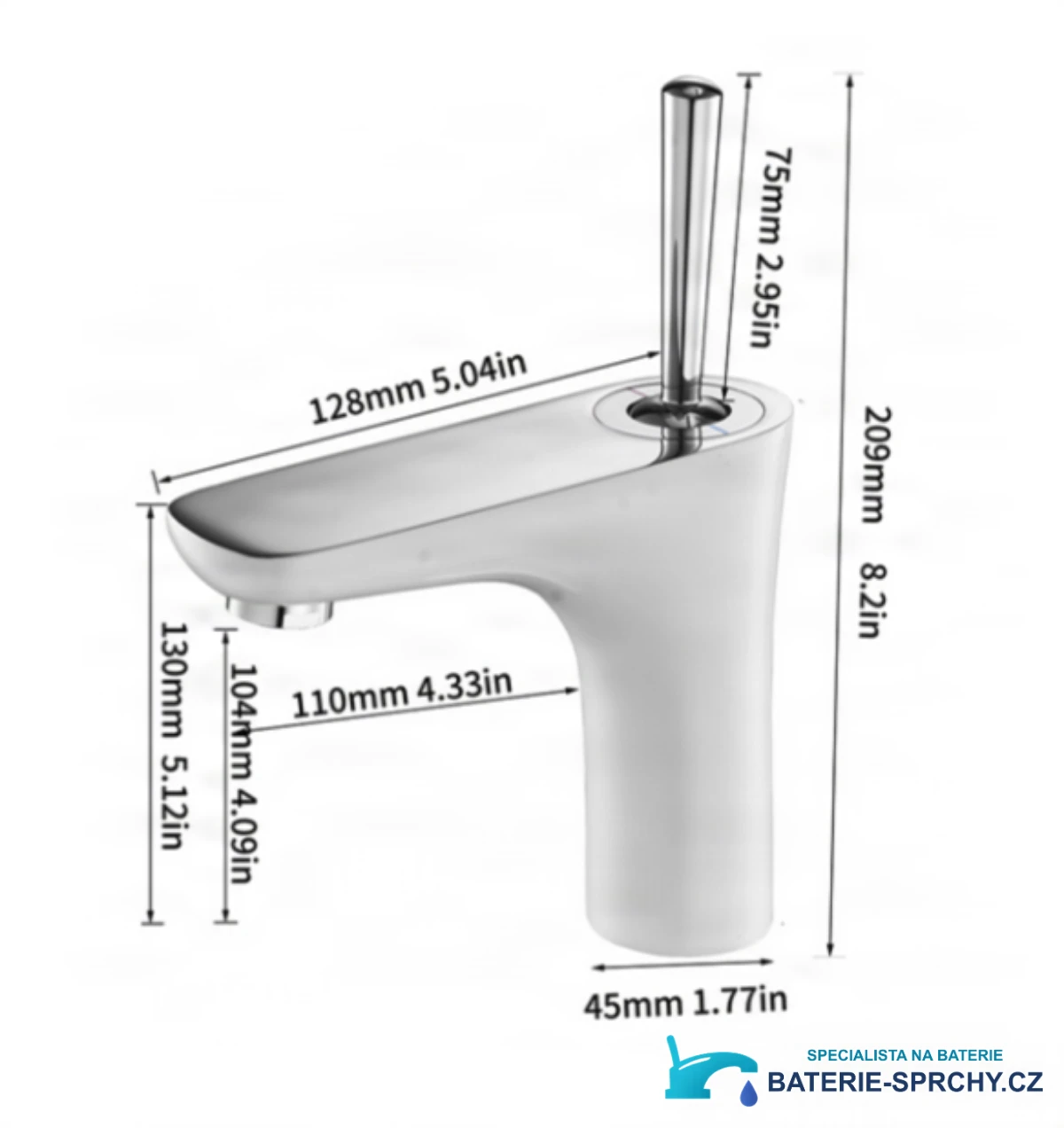 Technický výkres baterie BKK1306 s výškou 209 mm a dosahem 128 mm
