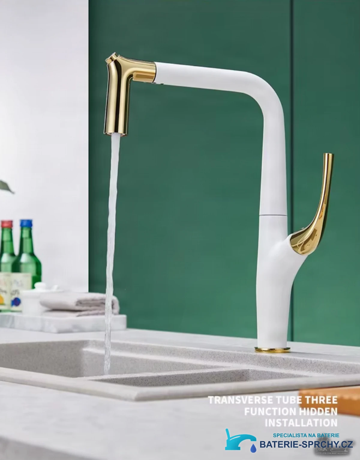 Moderní kuchyňská baterie nové generace ELITE EDITION KF1013 v bílé se zlatými akcenty