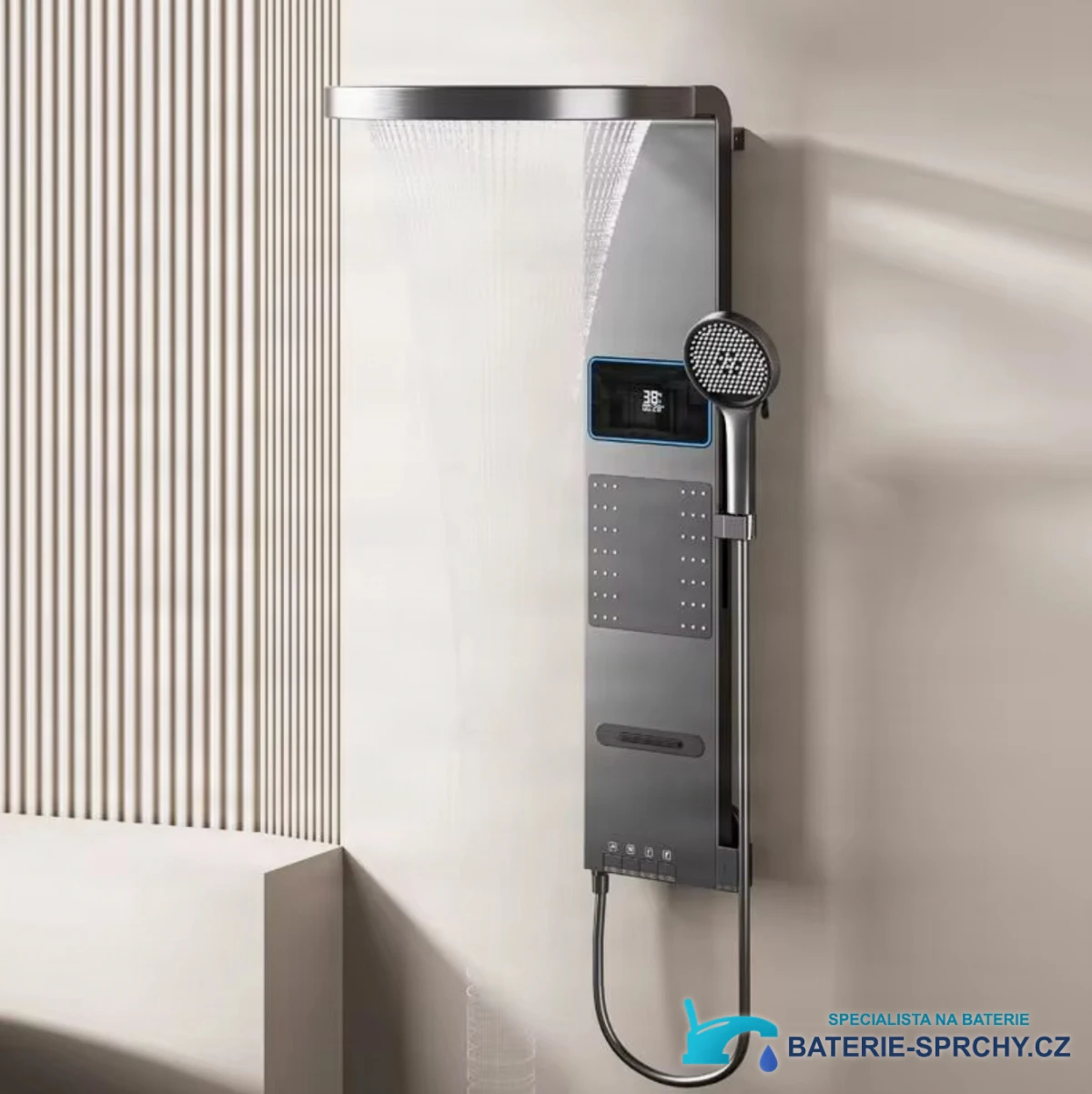 Sprchový panel ELITE EDITION BSE1424 v provozu se spuštěnou dešťovou sprchou