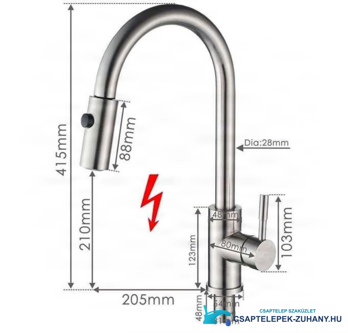 Az EYN NT1546 alacsony nyomású csaptelep műszaki rajza 415 mm magassággal és 205 mm kinyúlással