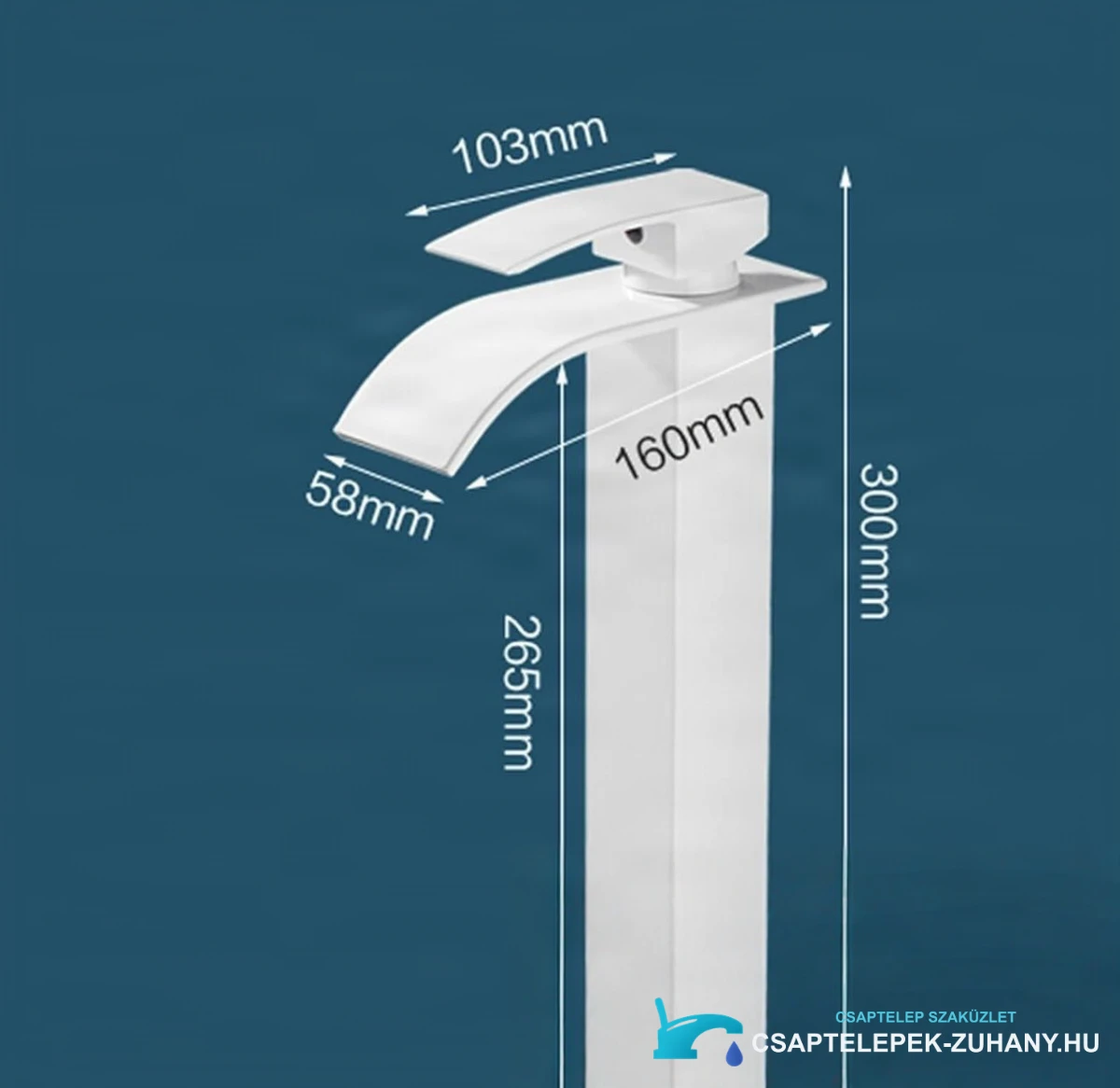 Az EYN103 mosdócsaptelep műszaki rajza (300 mm, 265 mm, 160 mm, 103 mm)