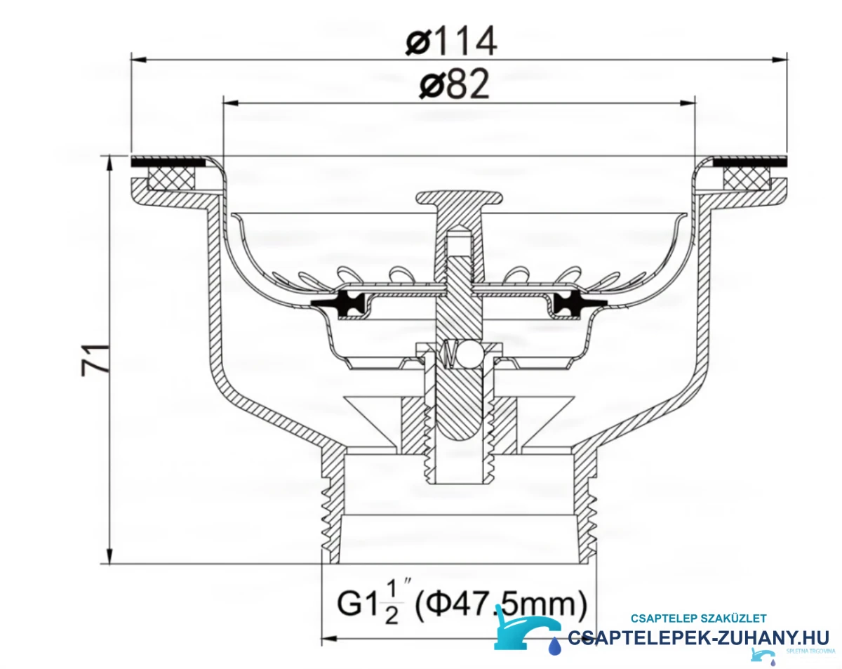 Az EYN GBP1504 mosogatólefolyó műszaki rajza Ø 114 mm, 71 mm magasság és G1½ méretekkel