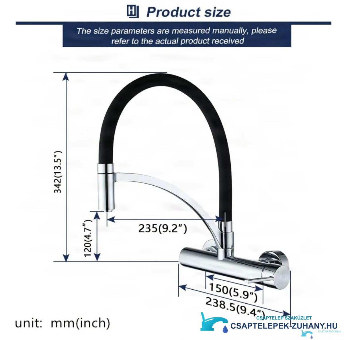 A WL1026 fali konyhai csaptelep műszaki rajza, 342 mm magassággal és 235 mm kinyúlással