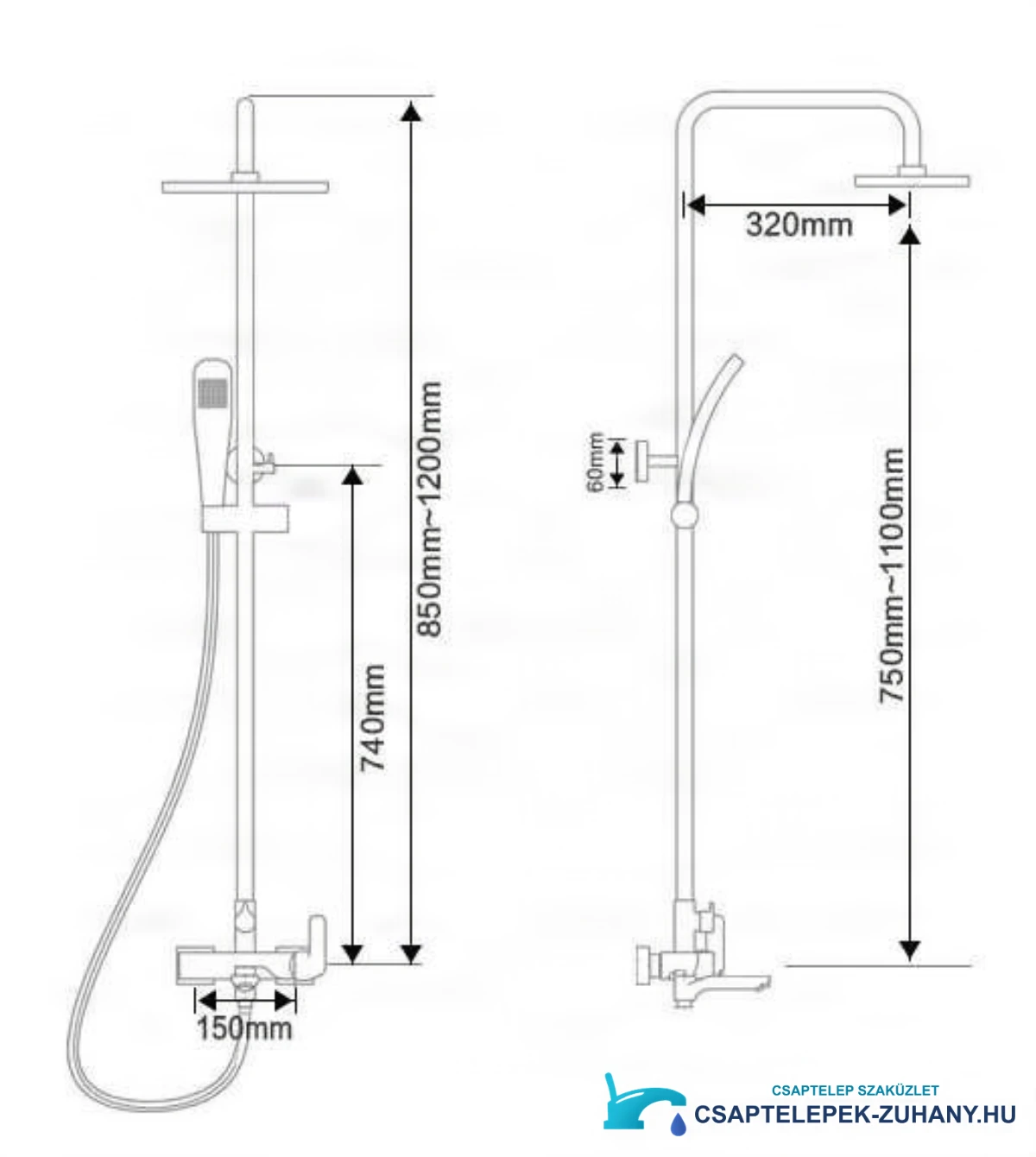 EYN NTA1601 műszaki rajza: 850–1200 mm magasság, 320 mm kinyúlás