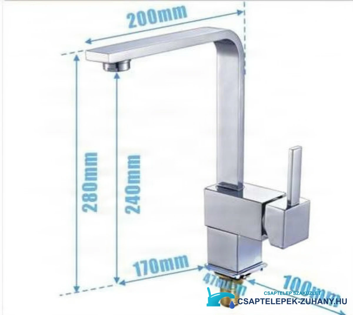 Az EYN0113 csaptelep műszaki rajza 280 mm magassággal és 200 mm kinyúlással
