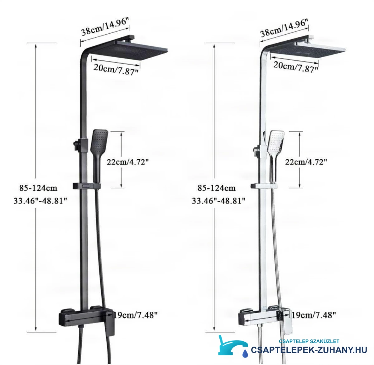 Tehnična risba falsíkon kívüli zuhanyrendszer BT1048 (85–124 cm, 20 cm fej)