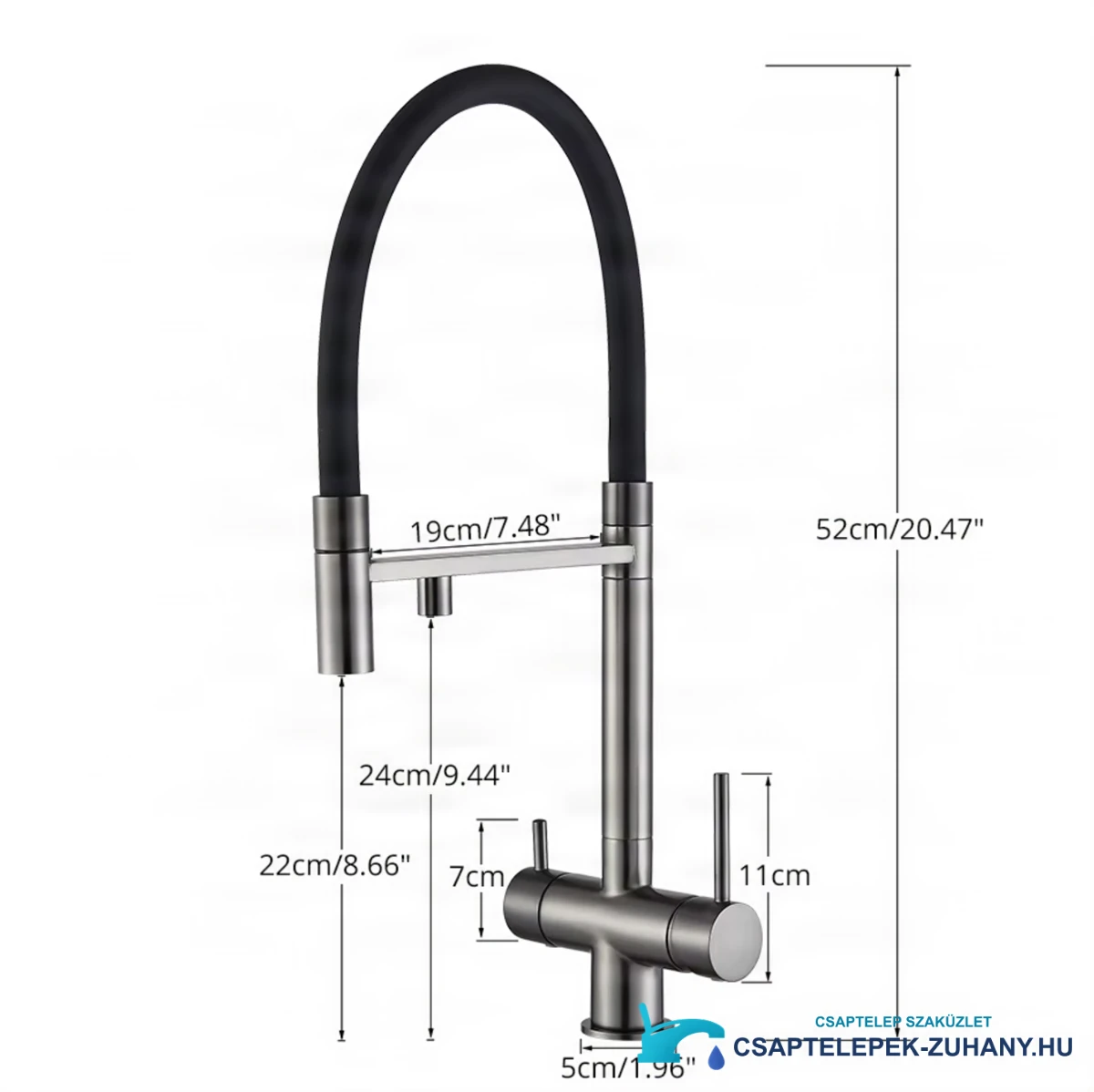 Az ELITE EDITION KA1643 szűrős konyhai csaptelep műszaki rajza, 52 cm-es magassággal