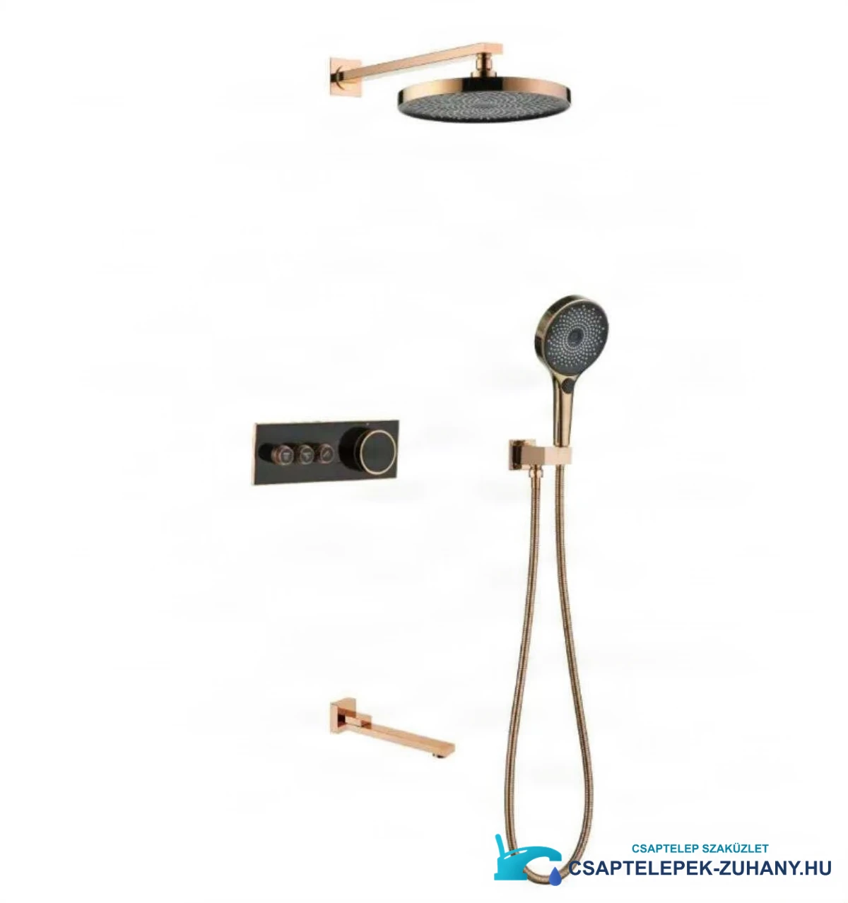 ELITE EDITION BCS1603 luxus termosztátos zuhanyrendszer — teljes szett rozéarany és fekete kivitelben