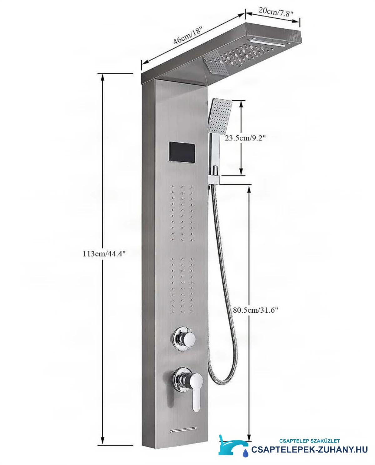 A BSP1912 luxus LED zuhanypanel műszaki rajza (113 × 46 × 20 cm)
