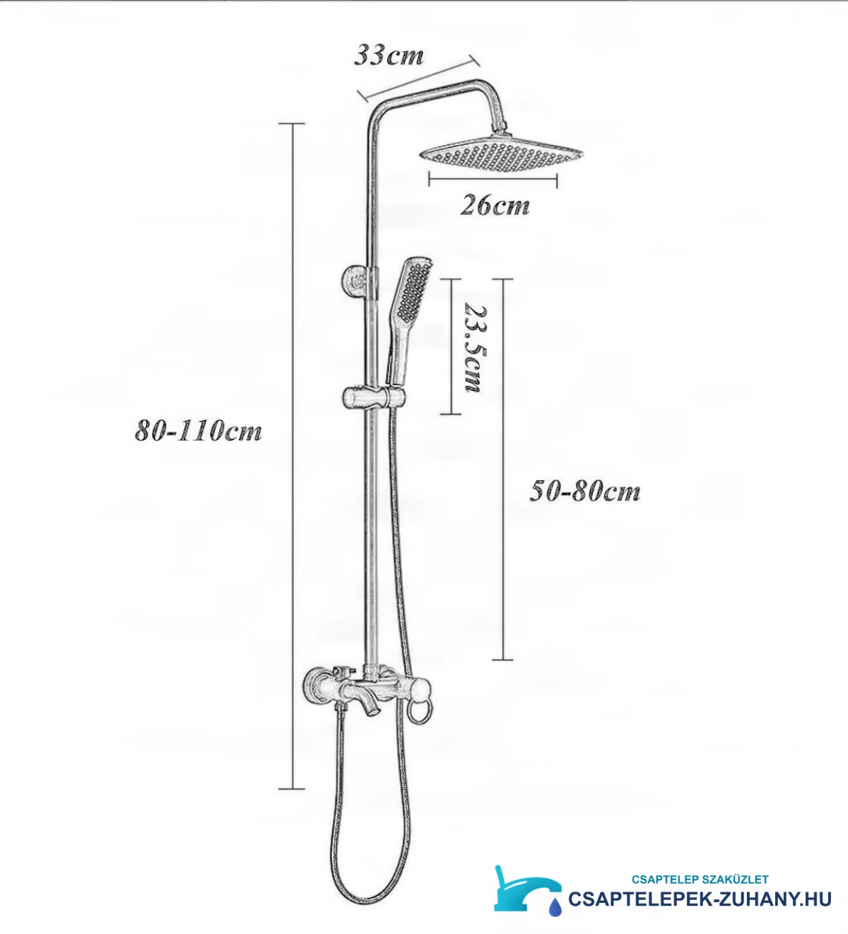 Az EYN BSE1250 zuhanyrendszer műszaki rajza (80–110 cm, 26 cm-es fejzuhany)