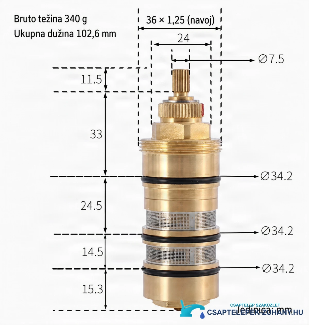 PRO20071 termosztátbetét műszaki rajza (102,6 mm, Ø34,2 mm, 36×1,25 menet)