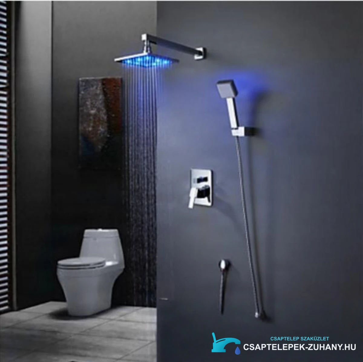 woo-2436 LED-es falsík alatti zuhanyrendszer modern, sötét falú fürdőszobában