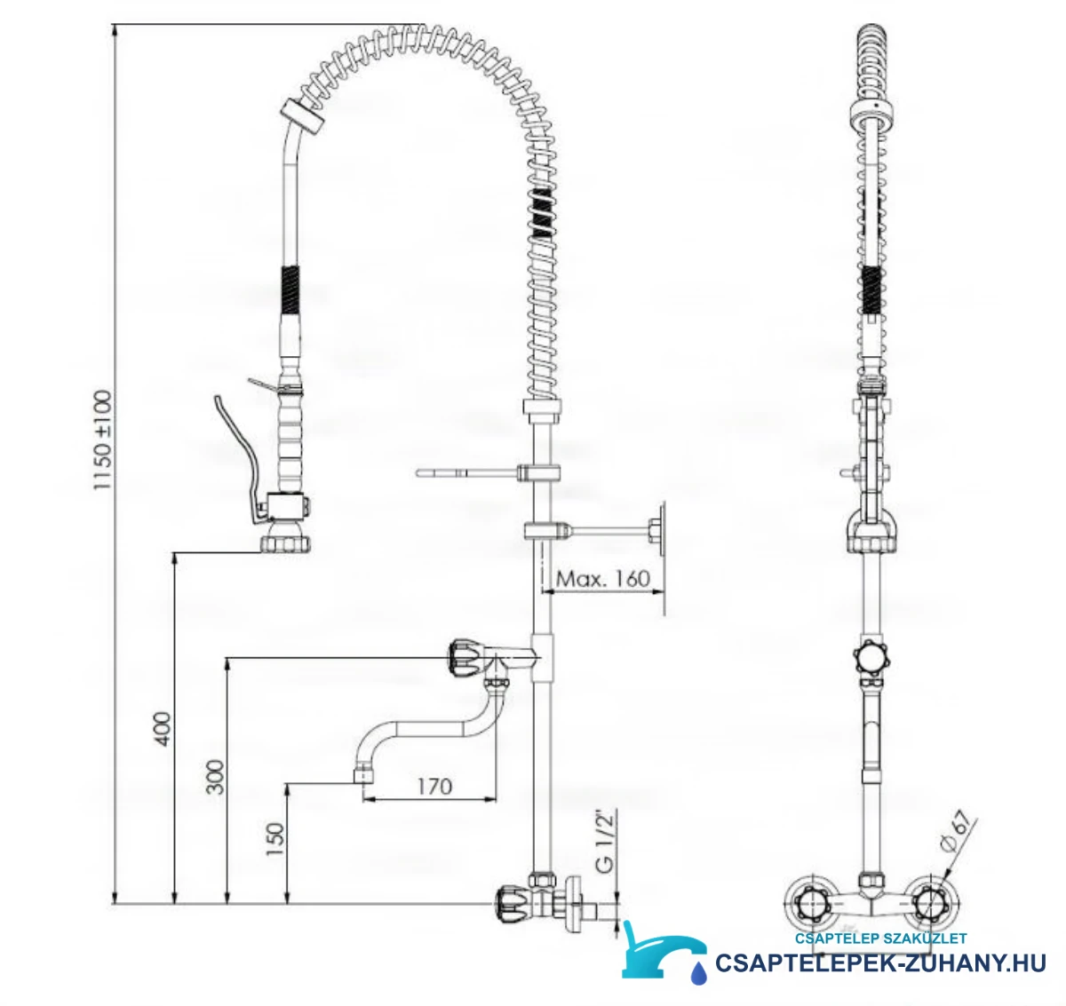 Az EYN SZ0029 konyhai csaptelep műszaki rajza (1150 ± 100 mm, G1/2)