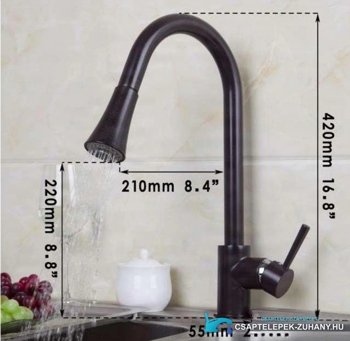 Az EYN CA9422b konyhai csaptelep méretei: 420 mm magas, 210 mm kinyúlás