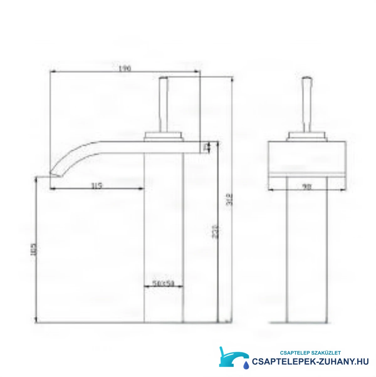 Az EYN0145 vízesés mosdócsaptelep műszaki rajza 170 mm szélességgel és 119 mm kinyúlással