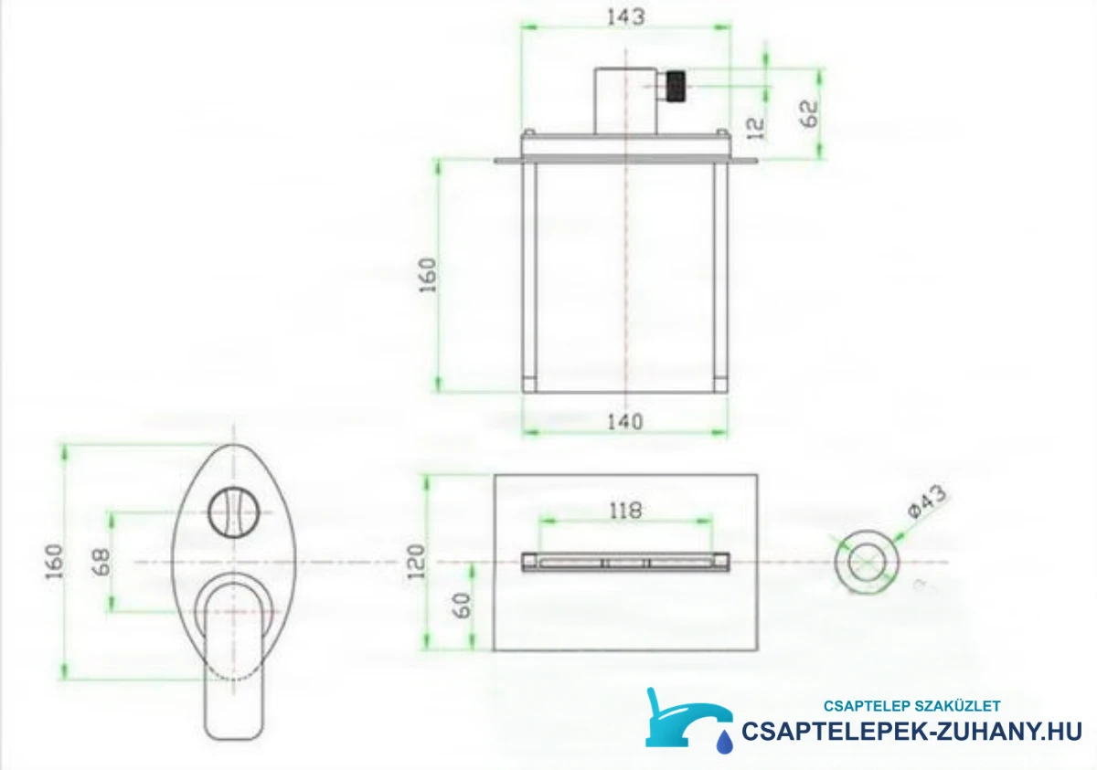 A PSK7917 LED-es falsík alatti kádtöltő csaptelep műszaki rajza (160 × 143 × 62 mm)