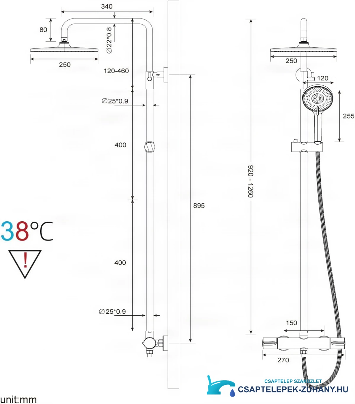 Rainsworth ELITE EDITION BSE1603 műszaki rajz (920–1260 mm, fejzuhany Ø 250 mm)