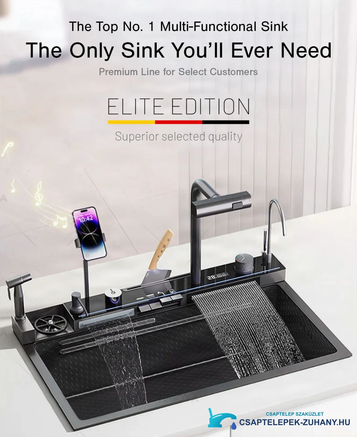 ELITE EDITION KS2299 multifunkciós luxus mosogatótálca matt fekete kivitelben