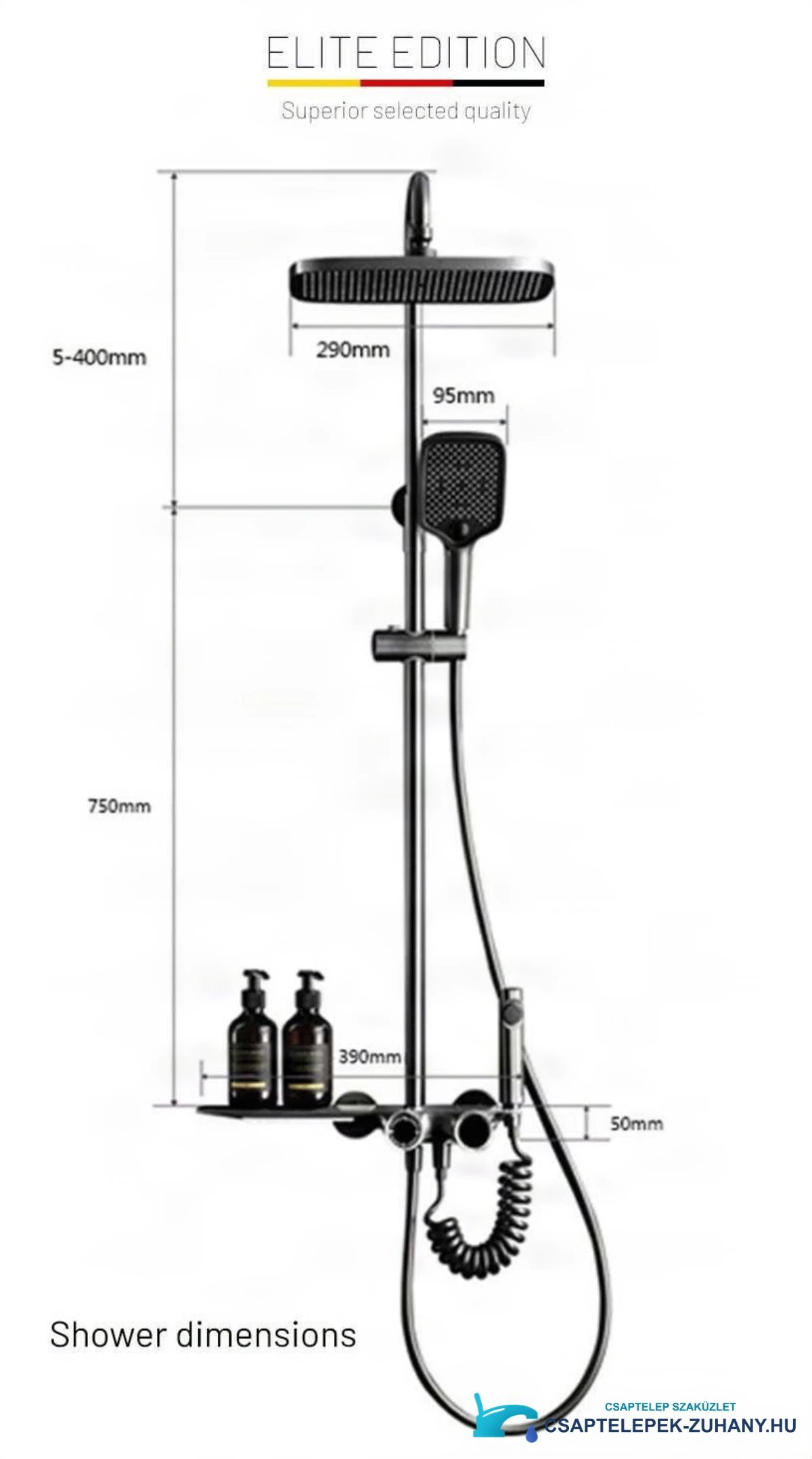 Az SH1857 zuhanyrendszer műszaki rajza (fejzuhany 290 mm, polc 390 mm)
