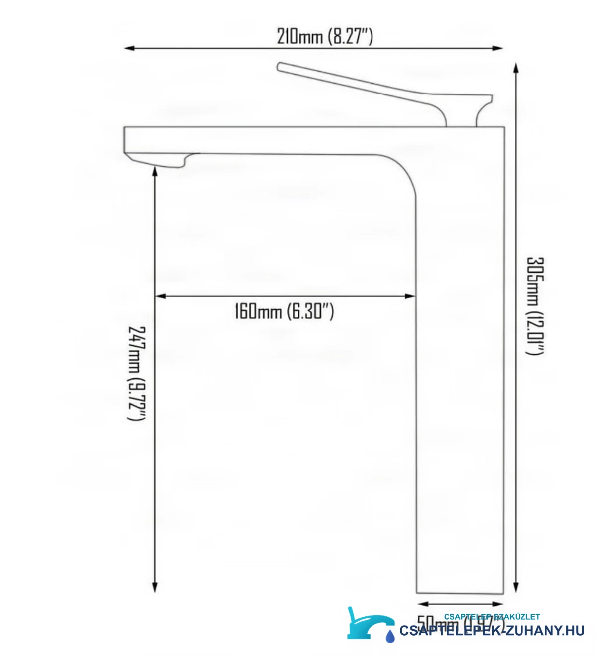 A BSC1342 mosdócsaptelep műszaki rajza 306 mm magassággal és 210 mm kinyúlással