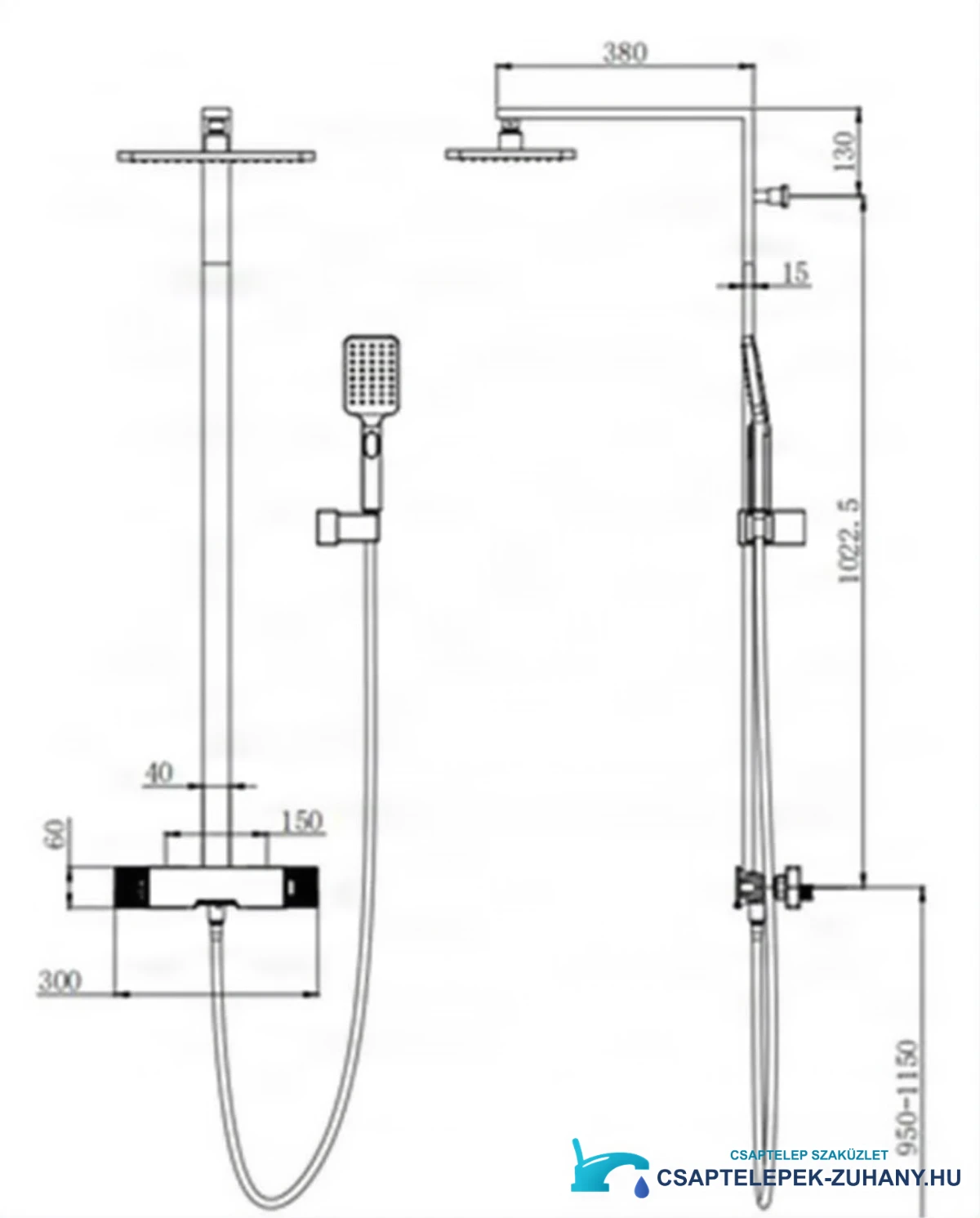 Az ELITE EDITION BSE1419 falon kívüli zuhanyrendszer műszaki rajza (380 mm, 950–1150 mm)