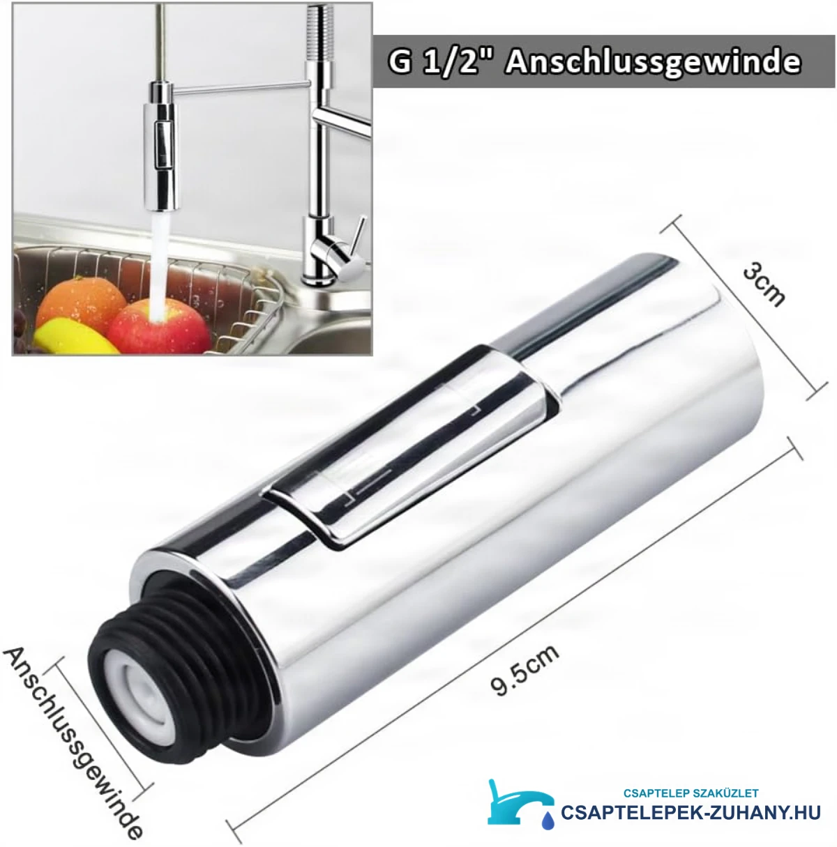 Az EYN KFH1152 kétüzemmódú zuhanyfej méretei: 9,5 × 3 cm és G-1/2 csatlakozás