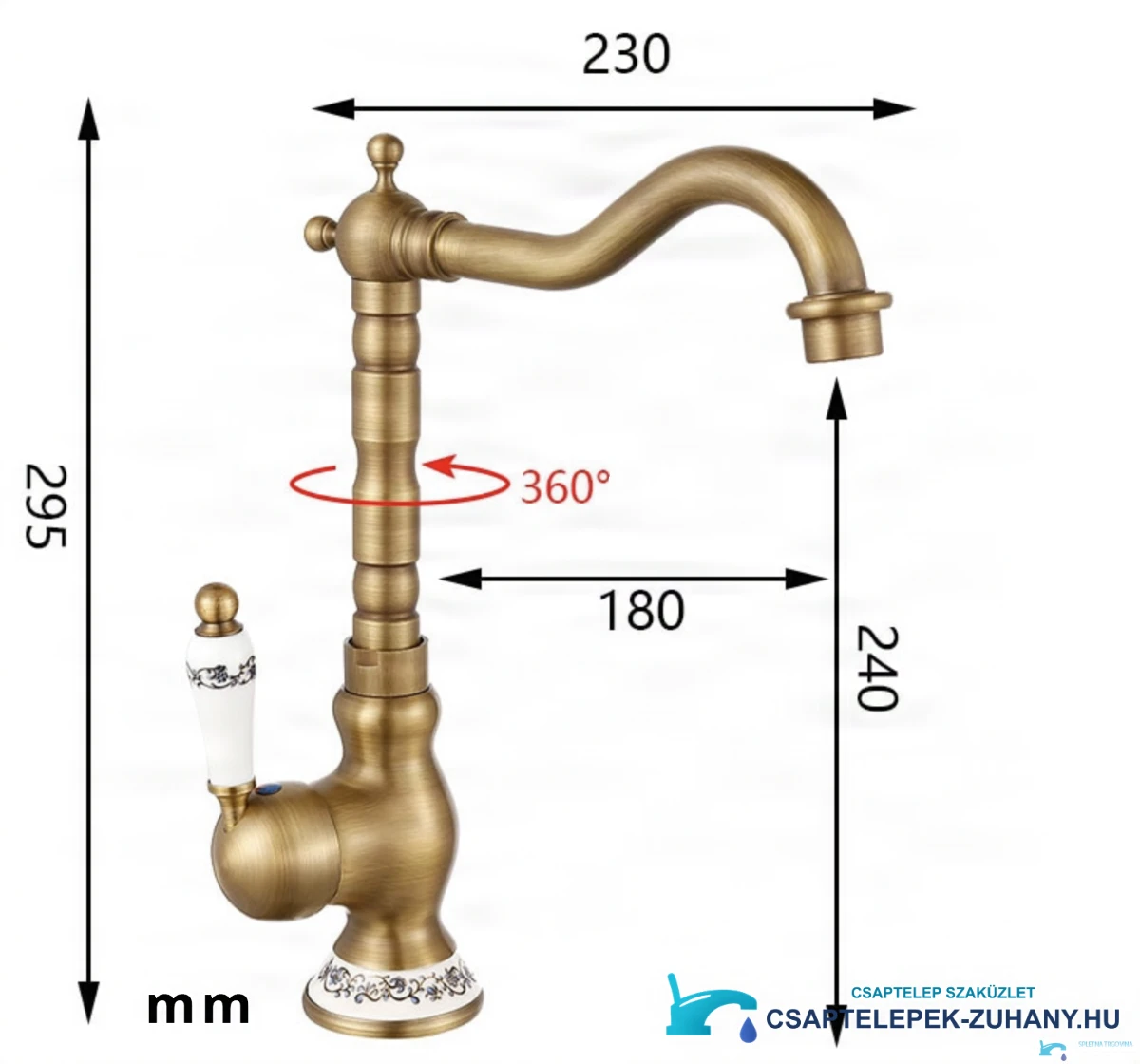 Az AQ1129 műszaki méretrajza: 295 mm magas, 230 mm kinyúlású és 360°-ban forgatható