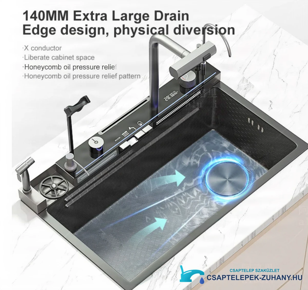 Az ELITE EDITION KS2299 luxus mosogatótálca jellemzői: 140 mm-es lefolyó és méhsejtmintás felület