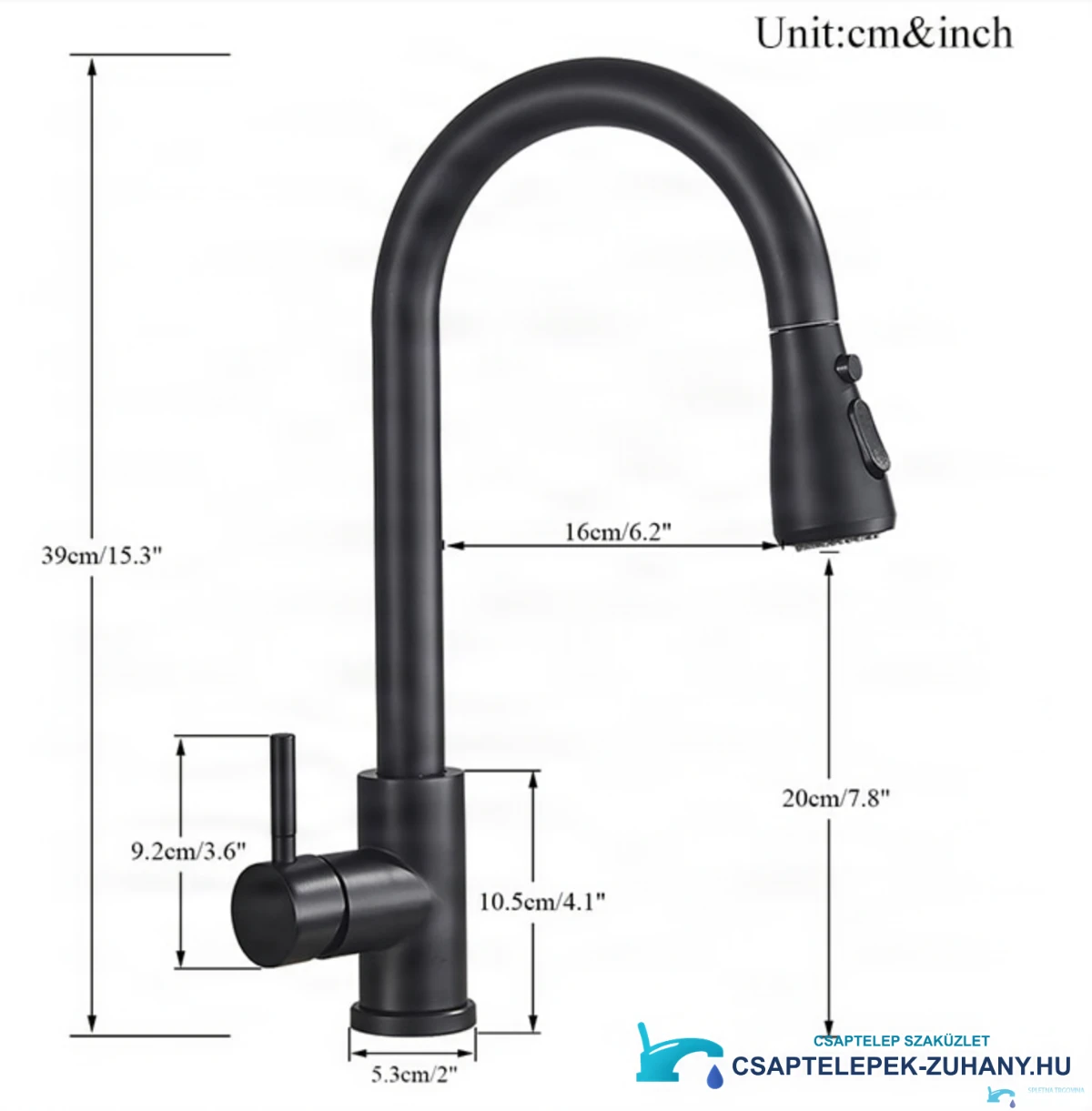 A KZI6168 kihúzható konyhai csaptelep műszaki rajza 39 cm magassággal és 16 cm kinyúlással