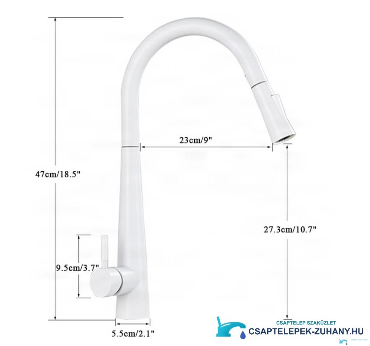 A fehér BS16111 csaptelep műszaki rajza 47 cm magassággal és 23 cm kinyúlással
