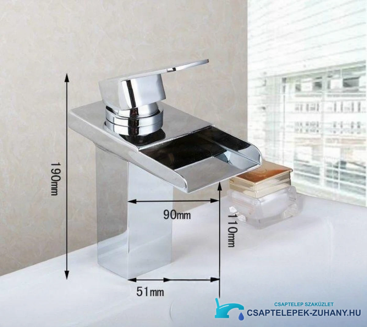 Az EYN206 vízesés mosdócsaptelep méretrajza, 190 mm magassággal és 90 mm kinyúlással