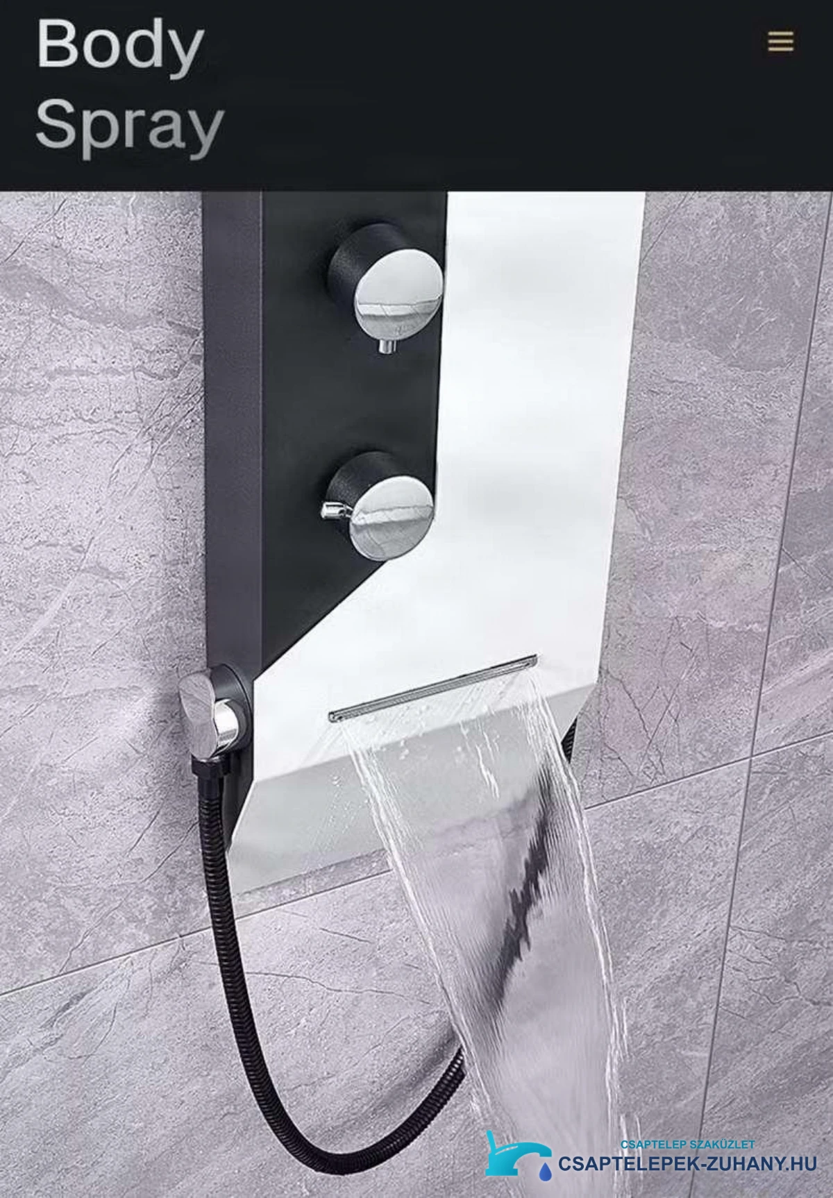 Az ELITE EDITION DELUX BSP1412 zuhanypanel széles vízesés-kifolyója részletesen