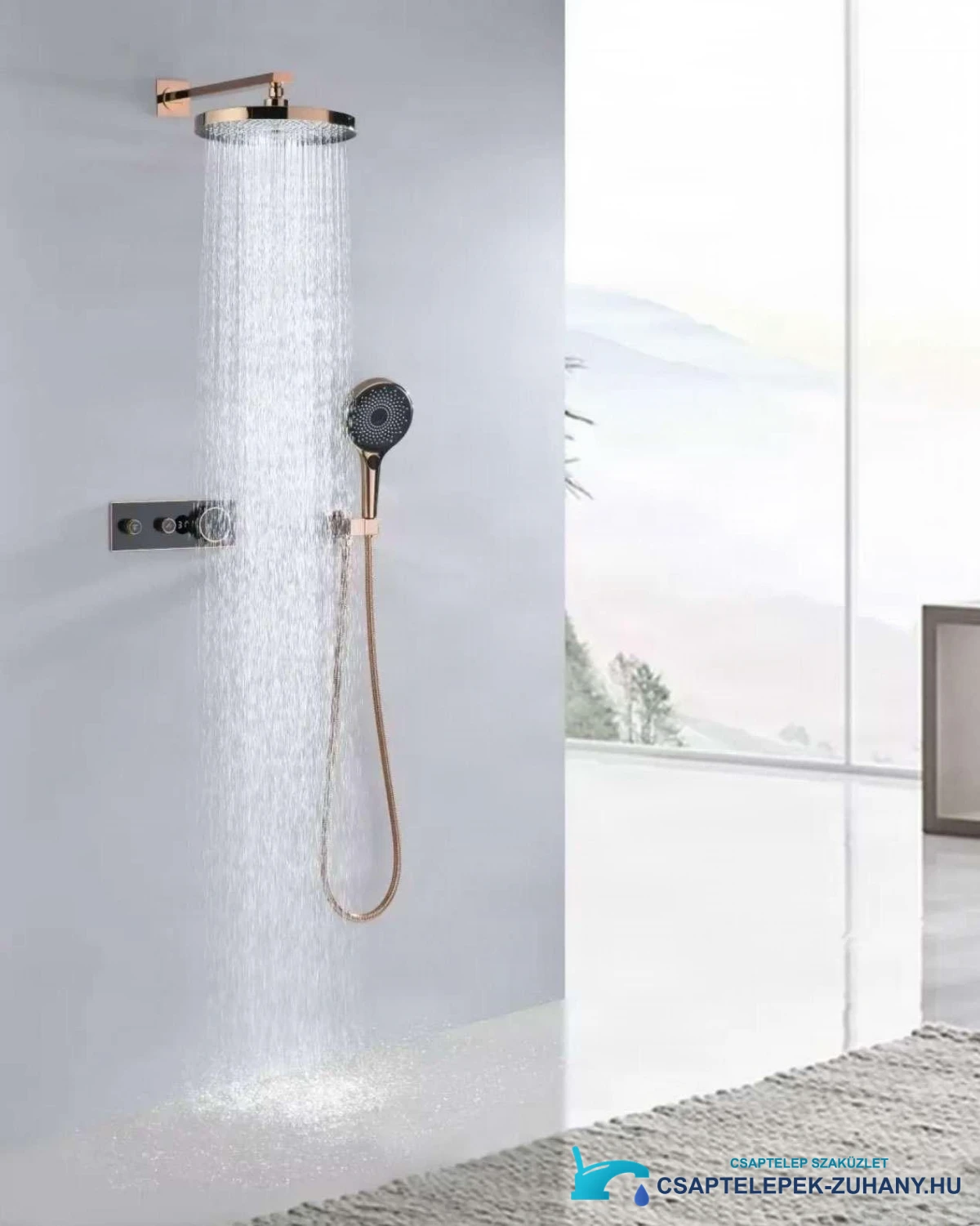 ELITE EDITION BCS1603 luxus termosztátos zuhanyrendszer kijelzővel fényes rozéarany és fekete kivitelben