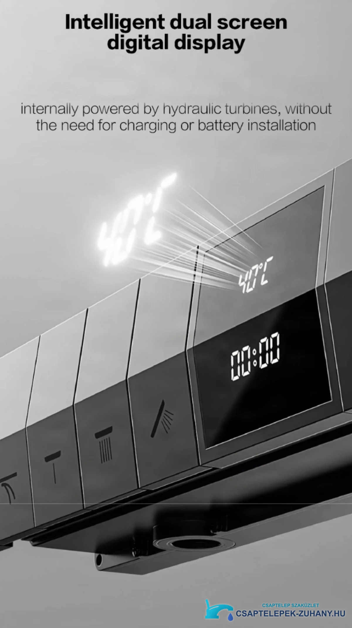 A BCS1050 falba süllyesztett zuhanyrendszer jellemzői: kettős digitális kijelző