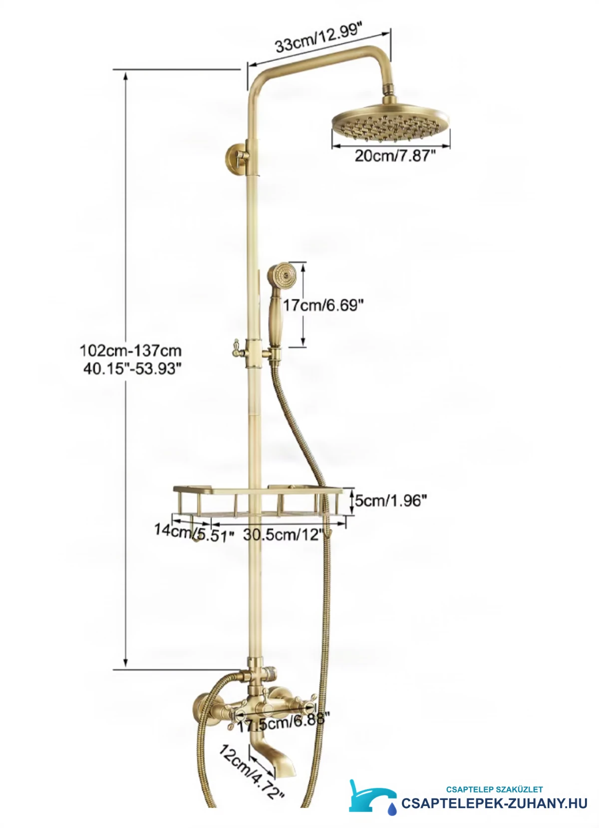 A BSE1241 antik falon kívüli zuhanyrendszer műszaki rajza, 102–137 cm magas, Ø 20 cm fejzuhannyal