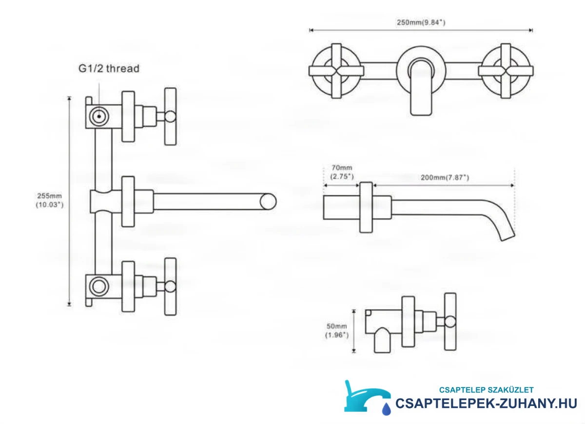 A WB2248 fali csaptelep műszaki rajza 250 mm szélességgel, 255 mm magassággal és G1/2 csatlakozással