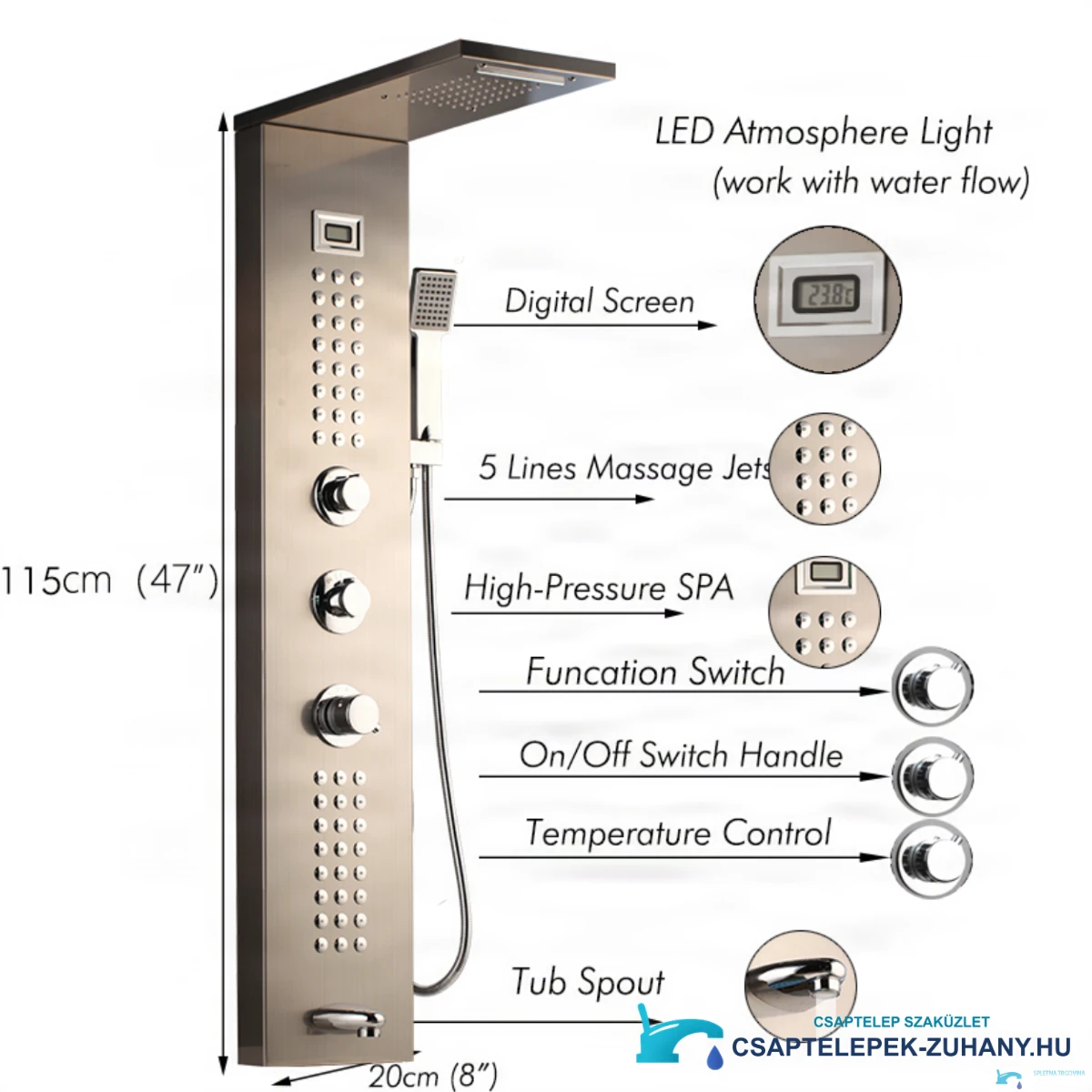 TP1912L termosztátos sarok-zuhanypanel: LED-világítás, digitális kijelző és masszázsfúvókák