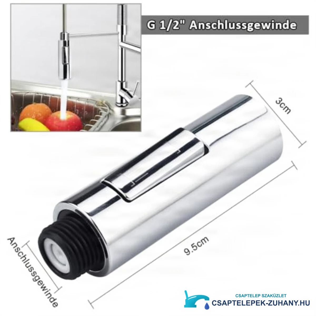 Az EYN KFH1152 zuhanyfej műszaki rajza 9,5 × 3 cm-es mérettel és G1/2 csatlakozással