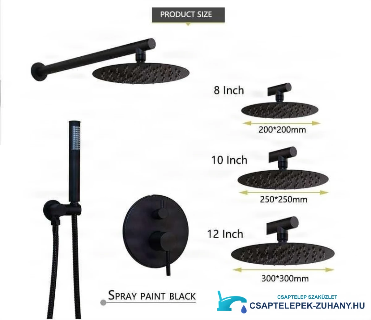 A BP1225 zuhanyrendszer adatai 200, 250 és 300 mm-es fejzuhanyokkal