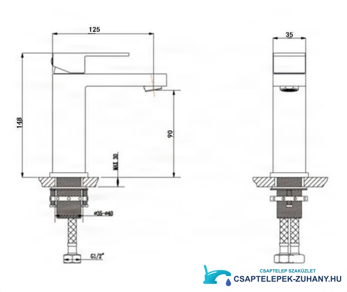 A BC1320 csaptelep műszaki rajza (148 × 125 × 35 mm, G1/2)